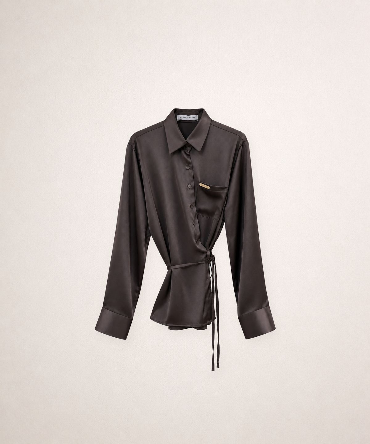 320쇼룸(320SHOWROOM) 2-Way Asymmetric Wrap Satin Shirt Brown