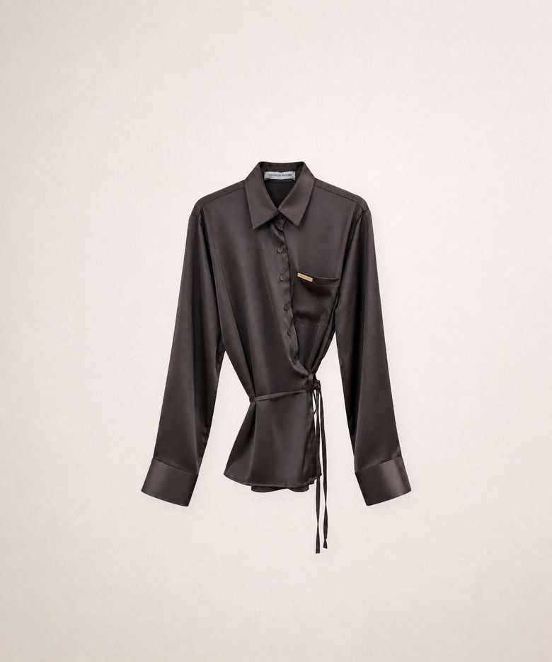 2-Way Asymmetric Wrap Satin Shirt Brown