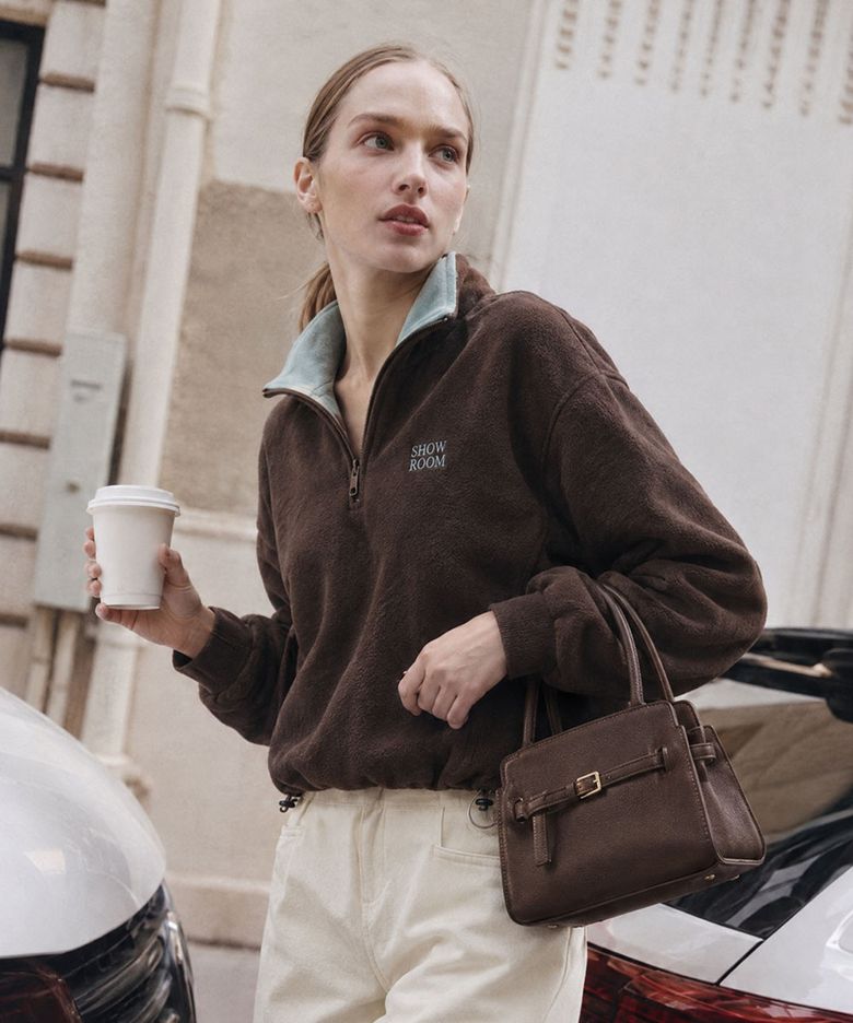 Two-Tone Fleece Half-Zip Pullover Brown
