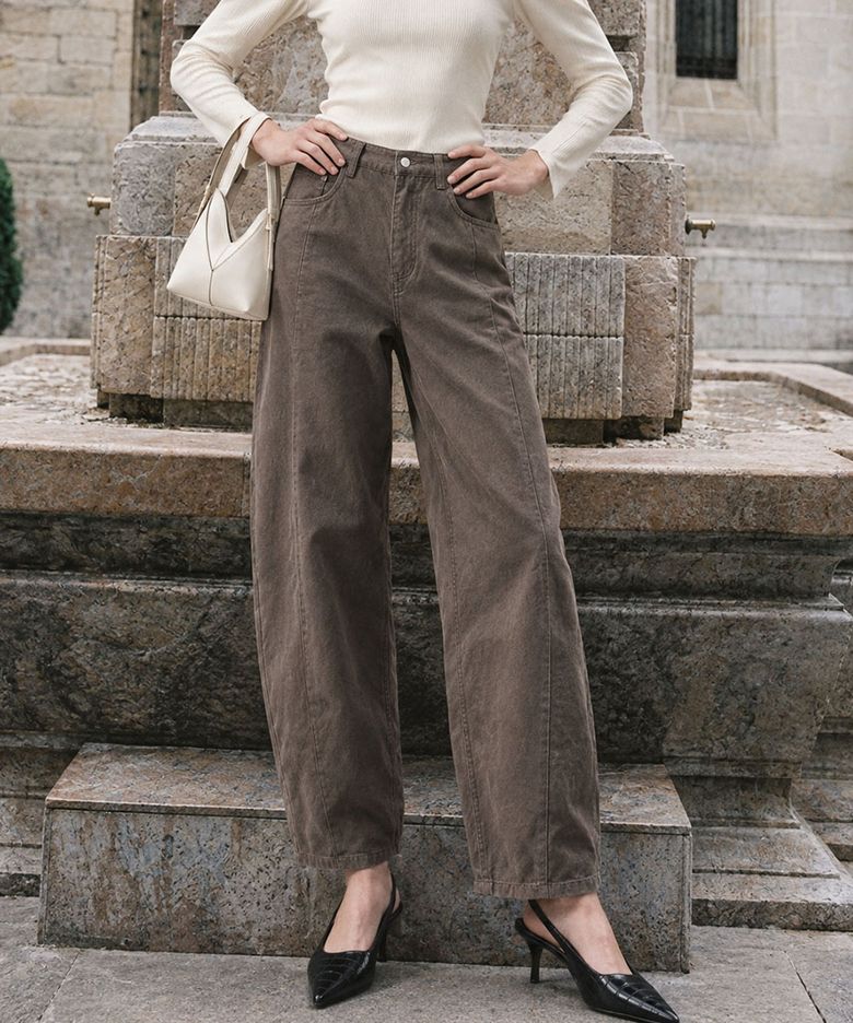 Panel Seam Semi Balloon Cotton Pants Brown