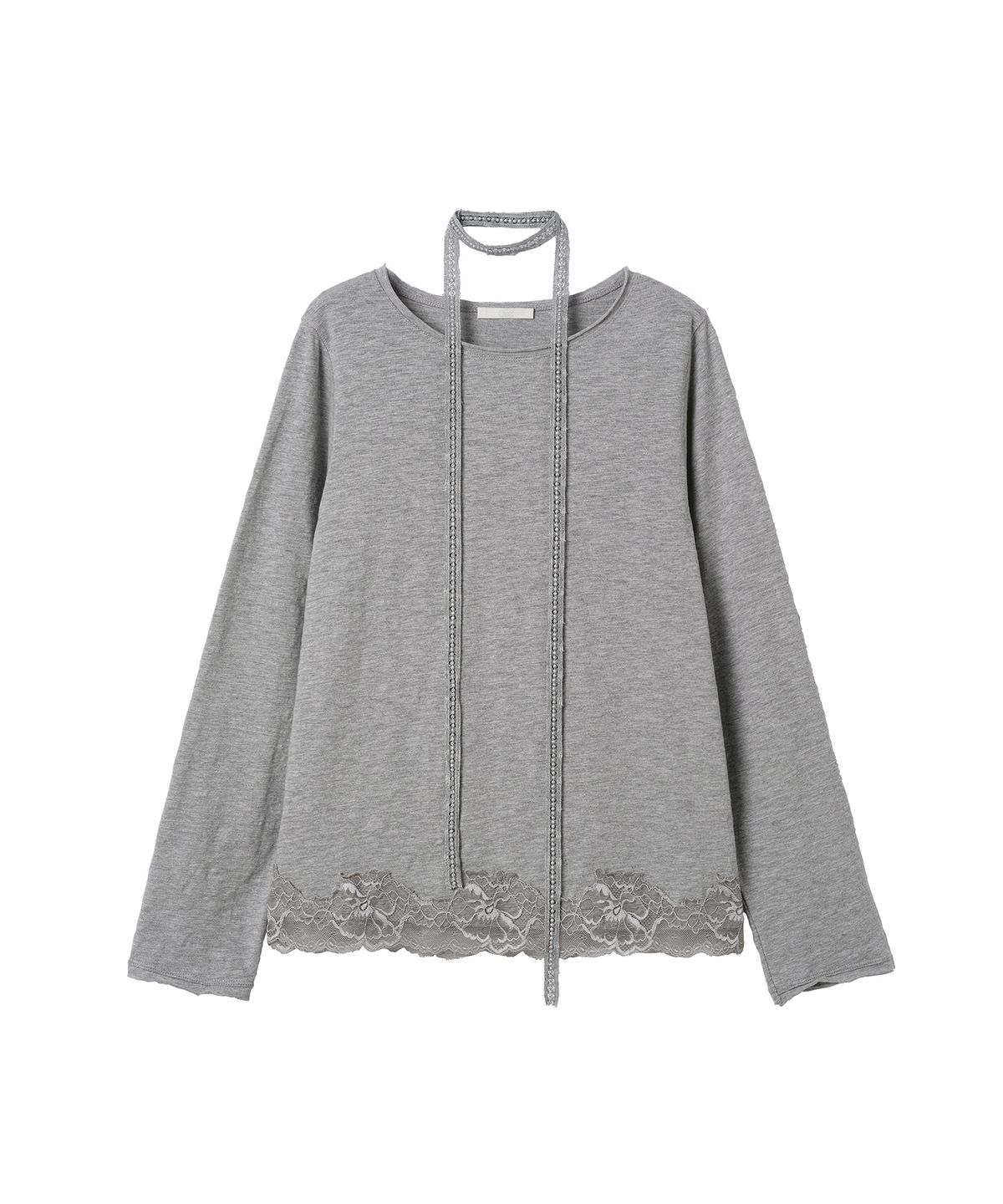 오앨(OUEL) LACE HEM TOP WITH SCARF_MELANGE GREY
