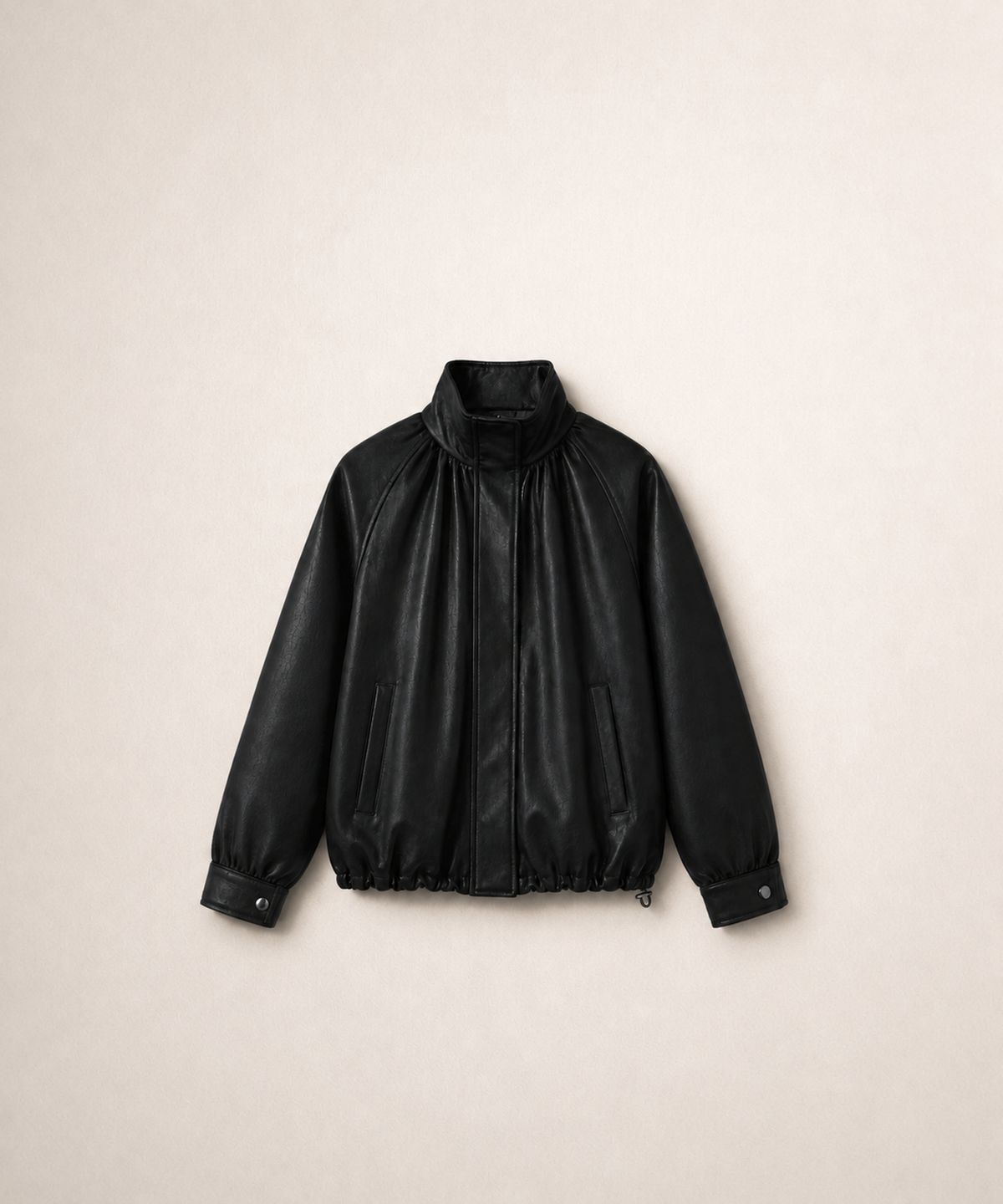 320쇼룸(320SHOWROOM) Shirring Funnel Neck Faux Leather Blouson Jacket Black(2온스 퀼팅 안감)