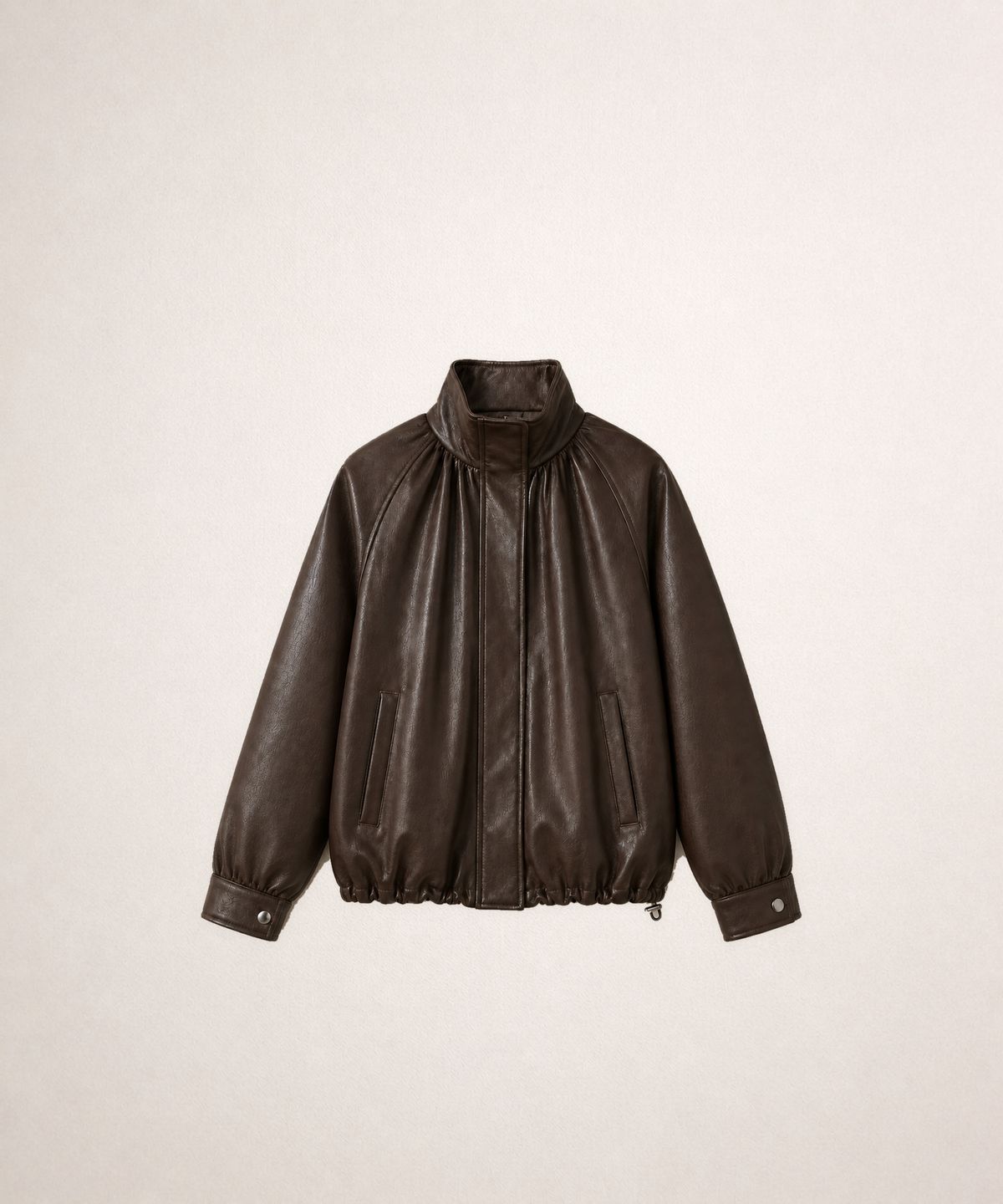 320쇼룸(320SHOWROOM) Shirring Funnel Neck Faux Leather Blouson Jacket Brown(2온스 퀼팅 안감)