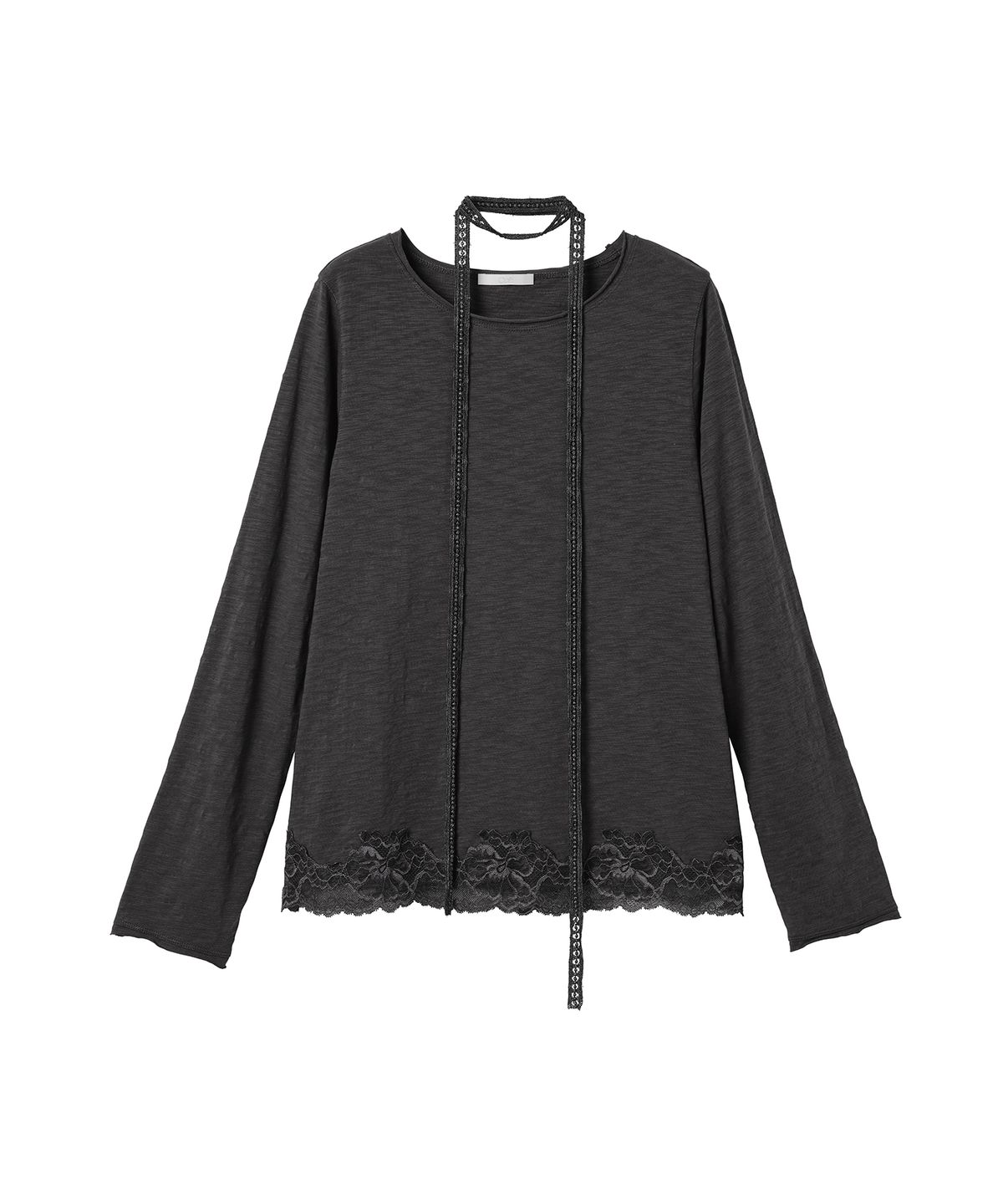 오앨(OUEL) LACE HEM TOP WITH SCARF_CHARCOAL