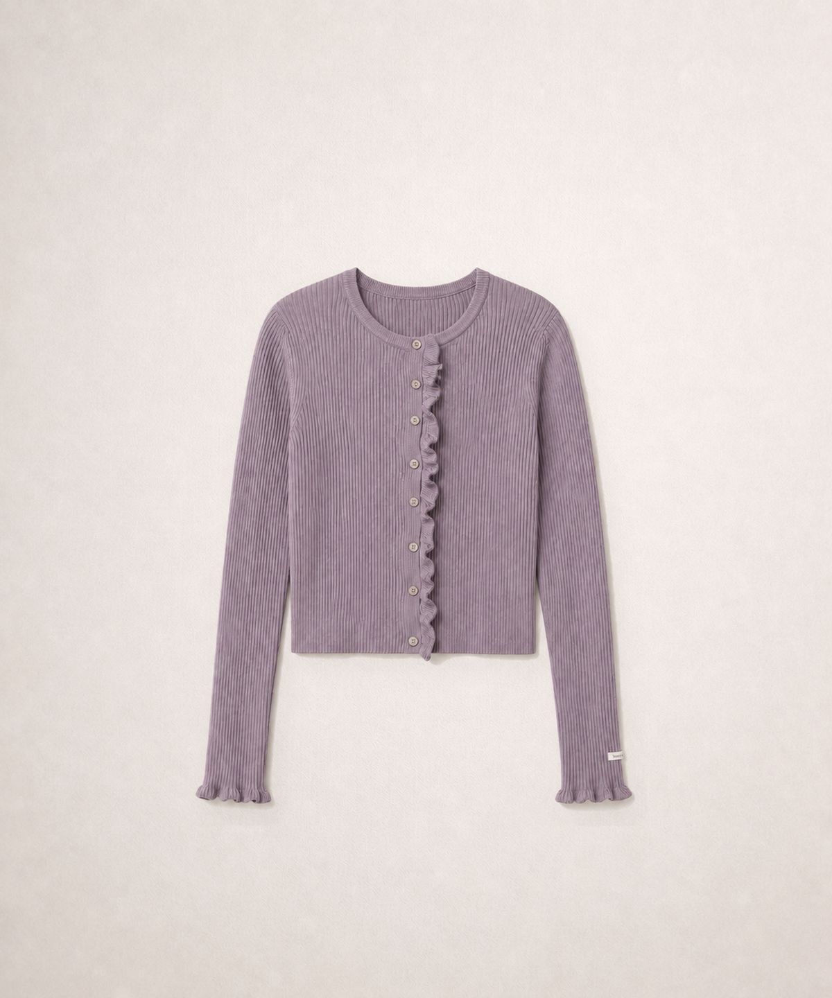 320쇼룸(320SHOWROOM) Ruffle Trim Ribbed Knit Cardigan Lavender