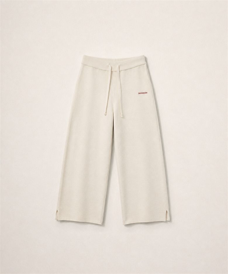 Logo Embroidered Side Seam Slit Knit Pants Ivory