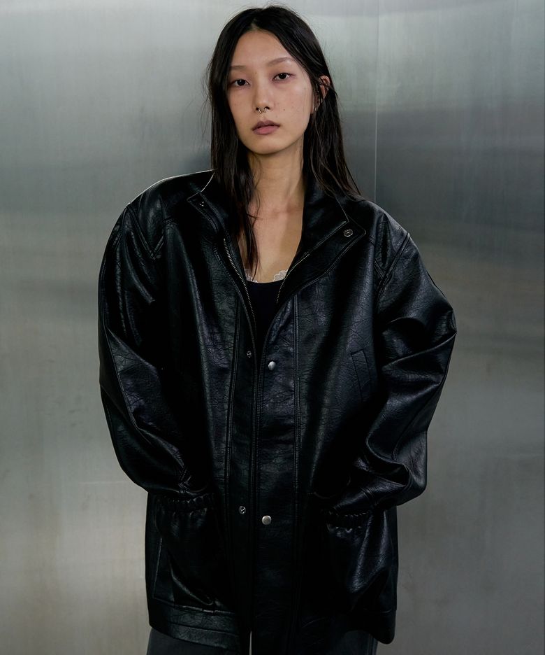 HIGH-NECK MID LEATHER JACKET - BLACK