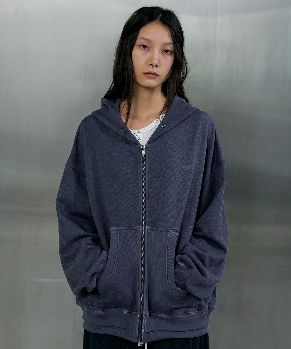 오데스(ORDES) DOUBLE HEM VTG HOODIE ZIP UP - BLUE