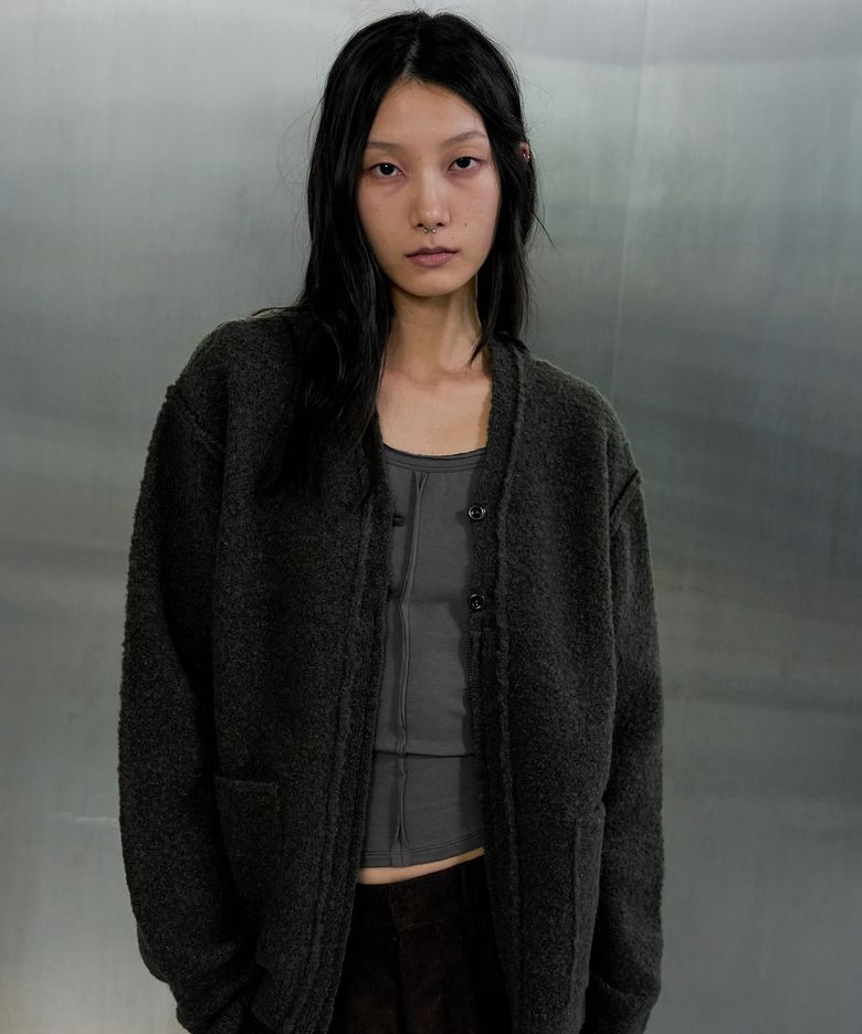 REVERSED BUTTON-ZIP CARDIGAN - KHAKI