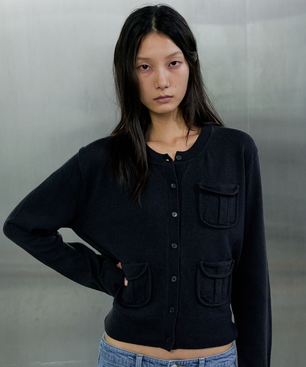 오데스(ORDES) 3-POCKET WOOL CARDIGAN - DUSTY BLACK