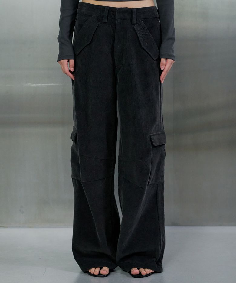 CORDUROY SEMI WIDE CARGO PANTS - CHARCOAL