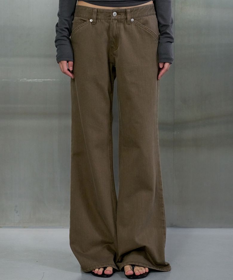 WASHED COTTON BOOT CUT PANTS - BROWN