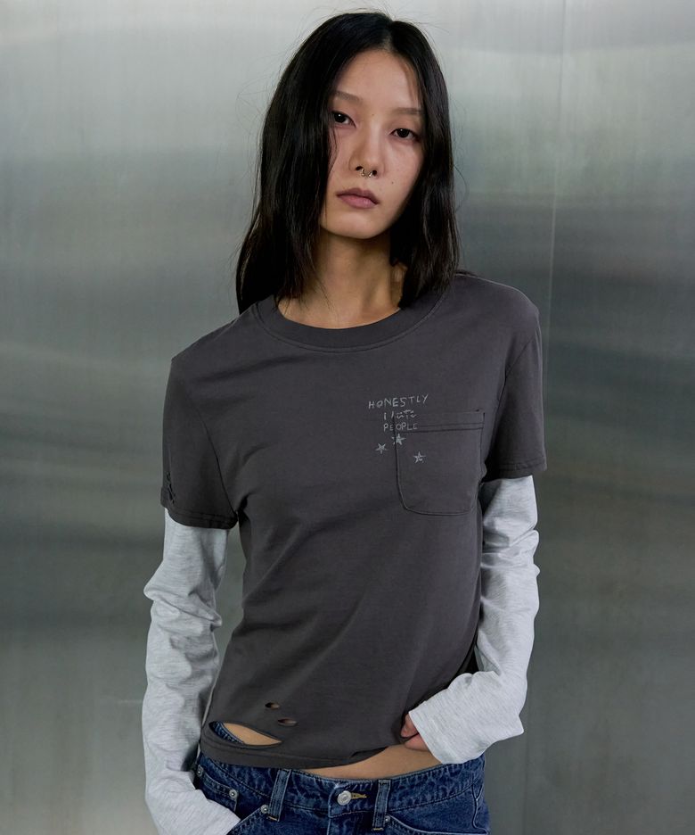 GRUNGE WASH LAYERED LONG SLEEVE - CHARCOAL