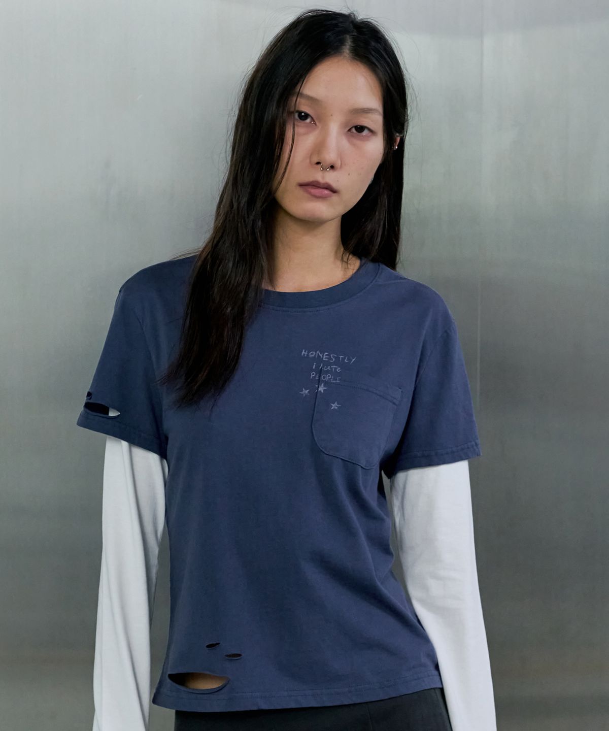 오데스(ORDES) GRUNGE WASH LAYERED LONG SLEEVE - BLUE