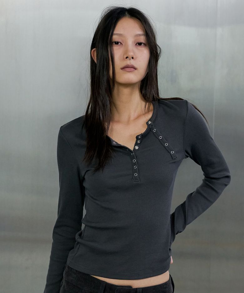 DOUBLE PLACKET HENLEY T-SHIRT - CHARCOAL
