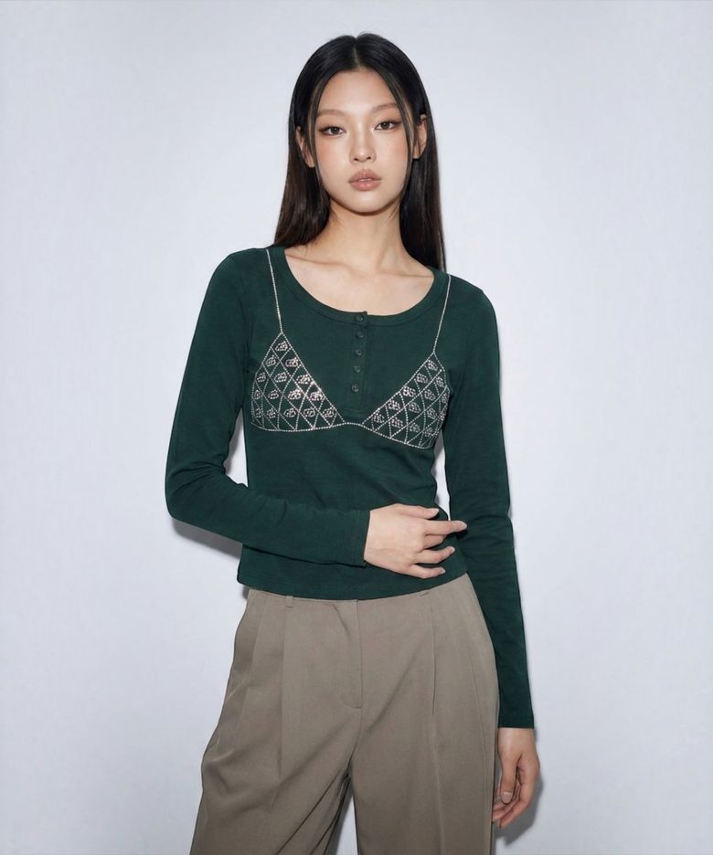 Crystal Bikini Henley Long Sleeve Tee (Green)