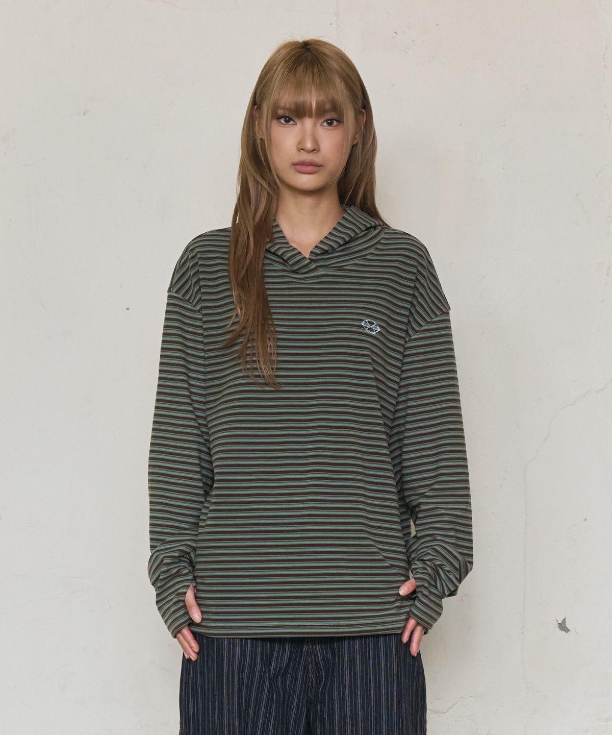 논타입(NONTYPE) MULTI STRIPE FLEECE HOODY (GREEN)