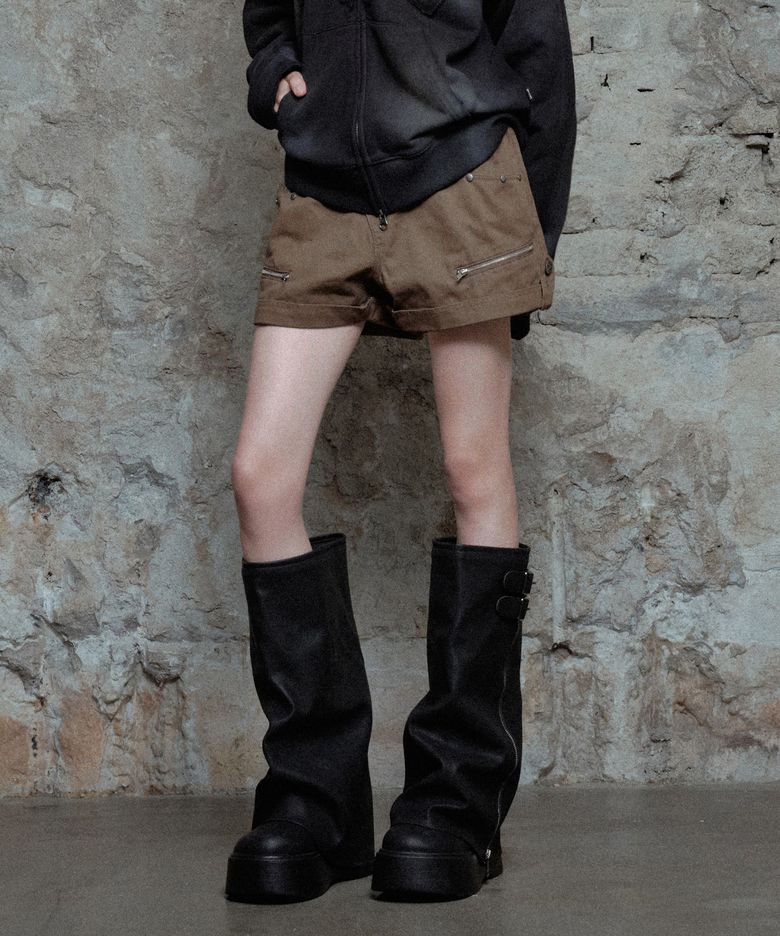 W Eyelet Studded Roll Up Utility Shorts - Brown