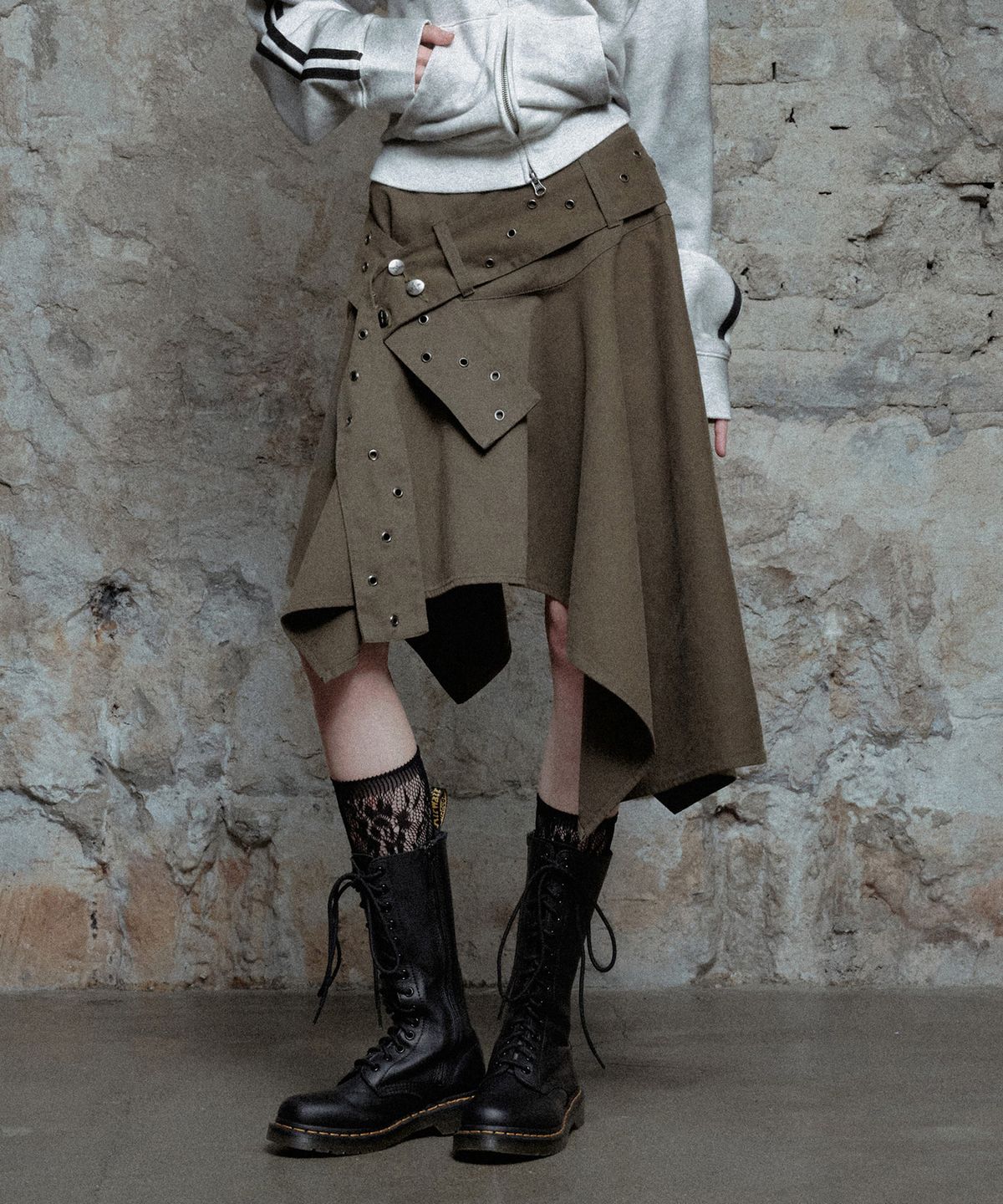 낫포너드(NOT4NERD) W Layered Belt Asymmetrical Skirt - Khaki