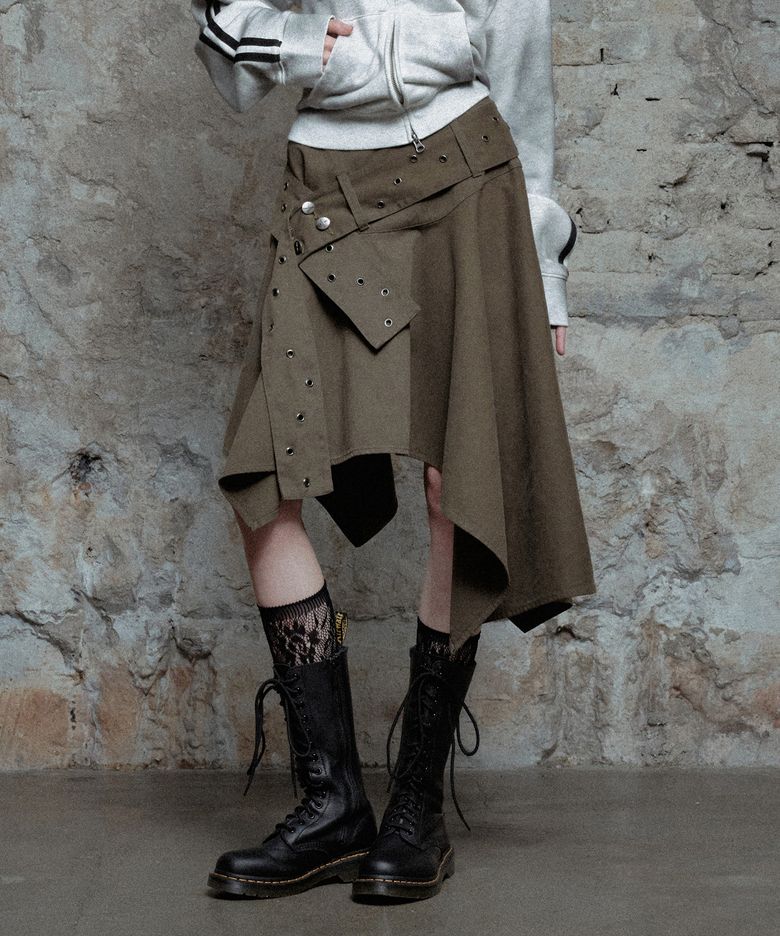 W Layered Belt Asymmetrical Skirt - Khaki
