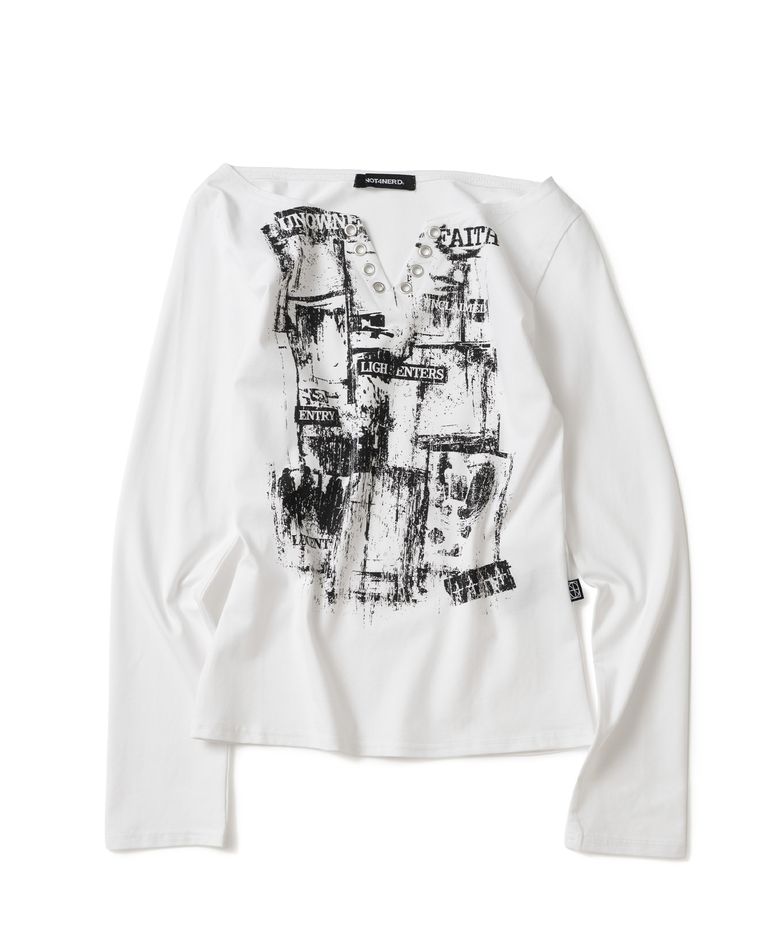 W Unknown Records Slit V-Neck Long Sleeve - White