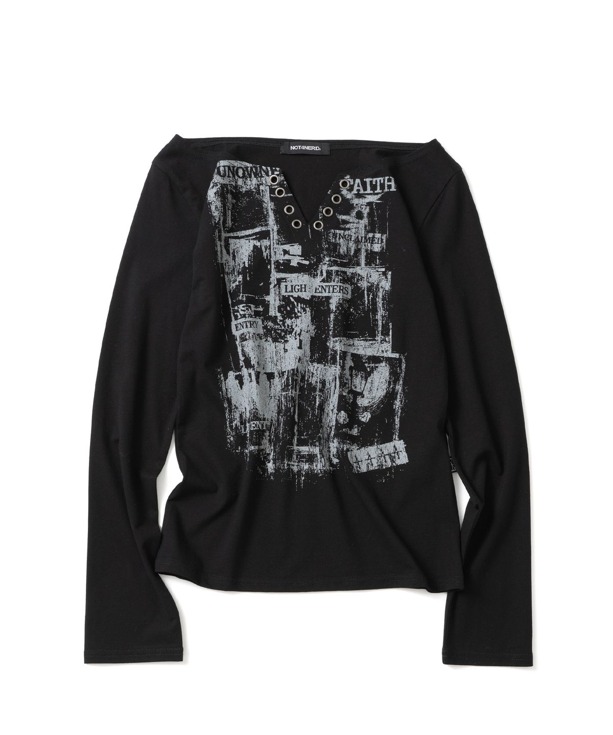 낫포너드(NOT4NERD) W Unknown Records Slit V-Neck Long Sleeve - Black