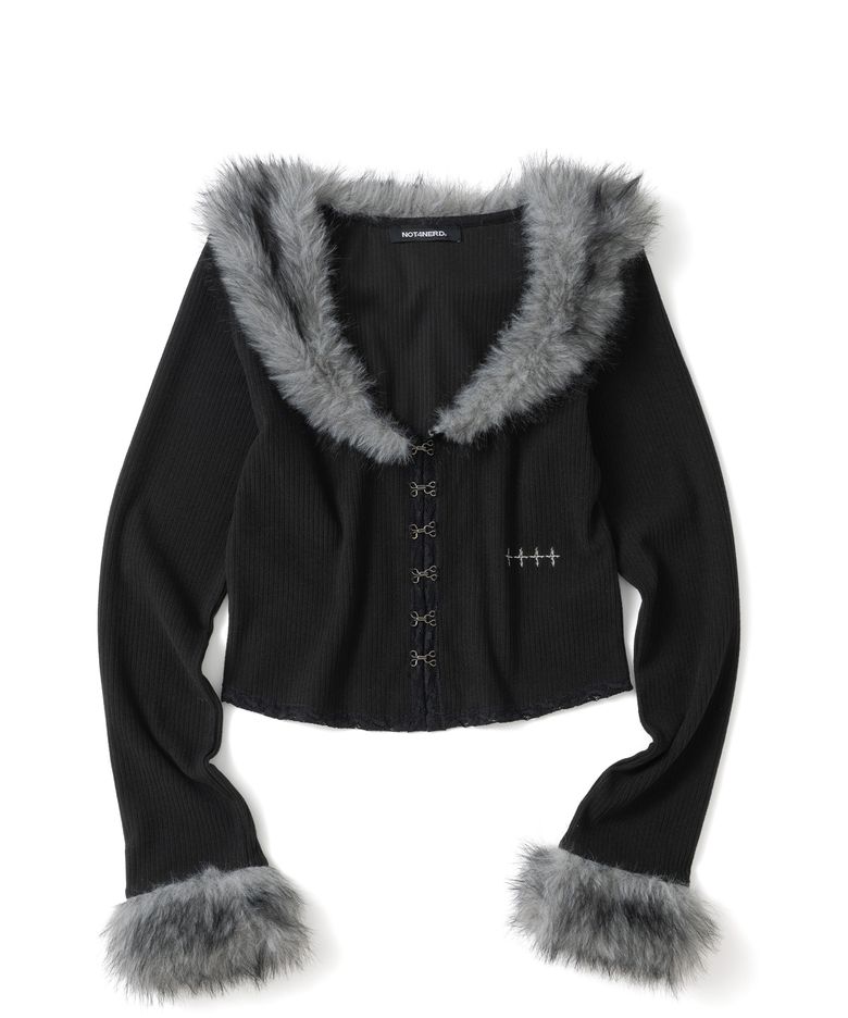 W Fur Trim Hook Cardigan - Black