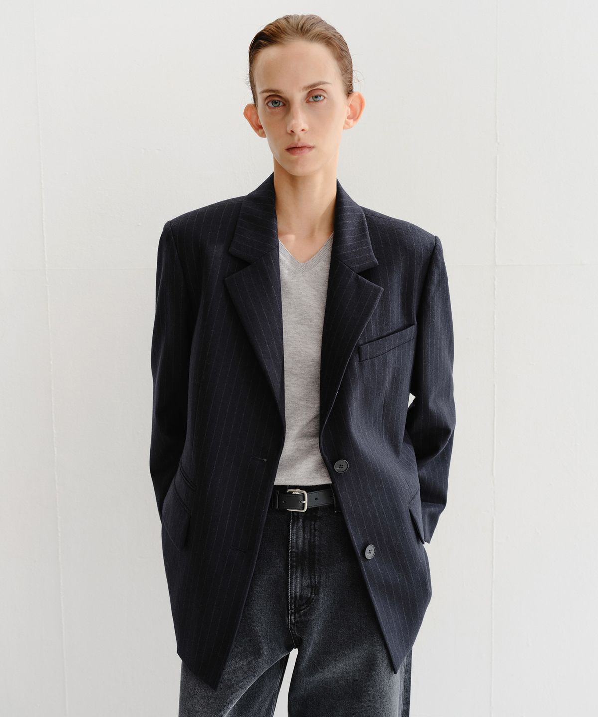 이아(EAAH) LOE WOOL SINGLE JACKET (NAVY STRIPE)