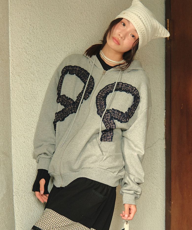 W MELLOW RIBBON HOOD ZIP-UP [GRAY]