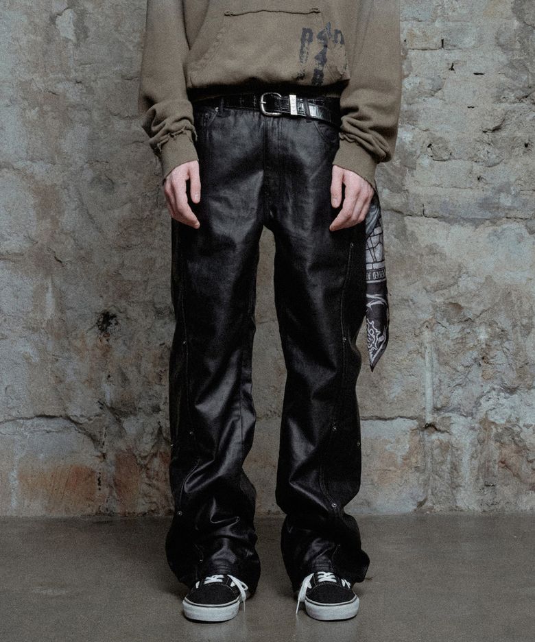 Stud Panel Coated Curved Pants - Black