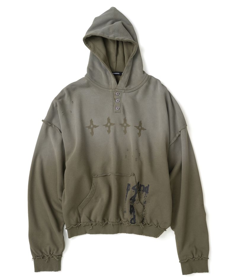 4444 Raw Edge Washed Pullover Hood - Khaki