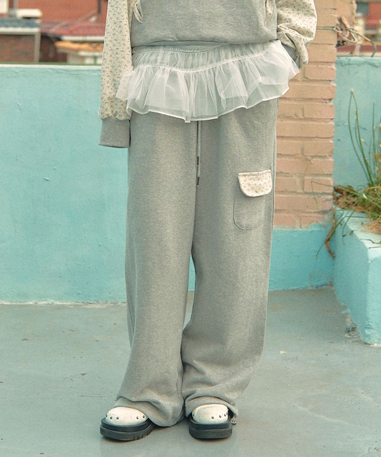 W FLORAL COLOR BLOCK PANTS [GRAY]