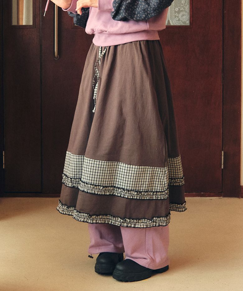 W TIERED CHECK SKIRT [BROWN]