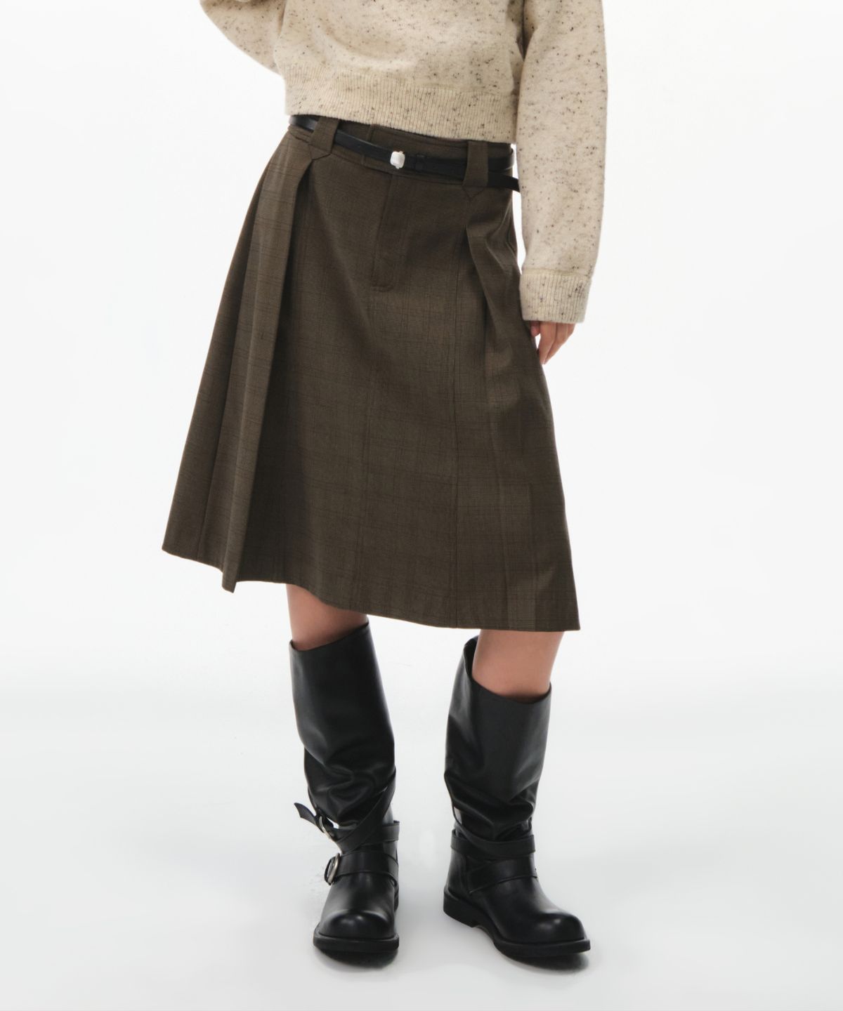 그로브(GROVE) YELENA CHECK MIDI SKIRT (KHAKI)