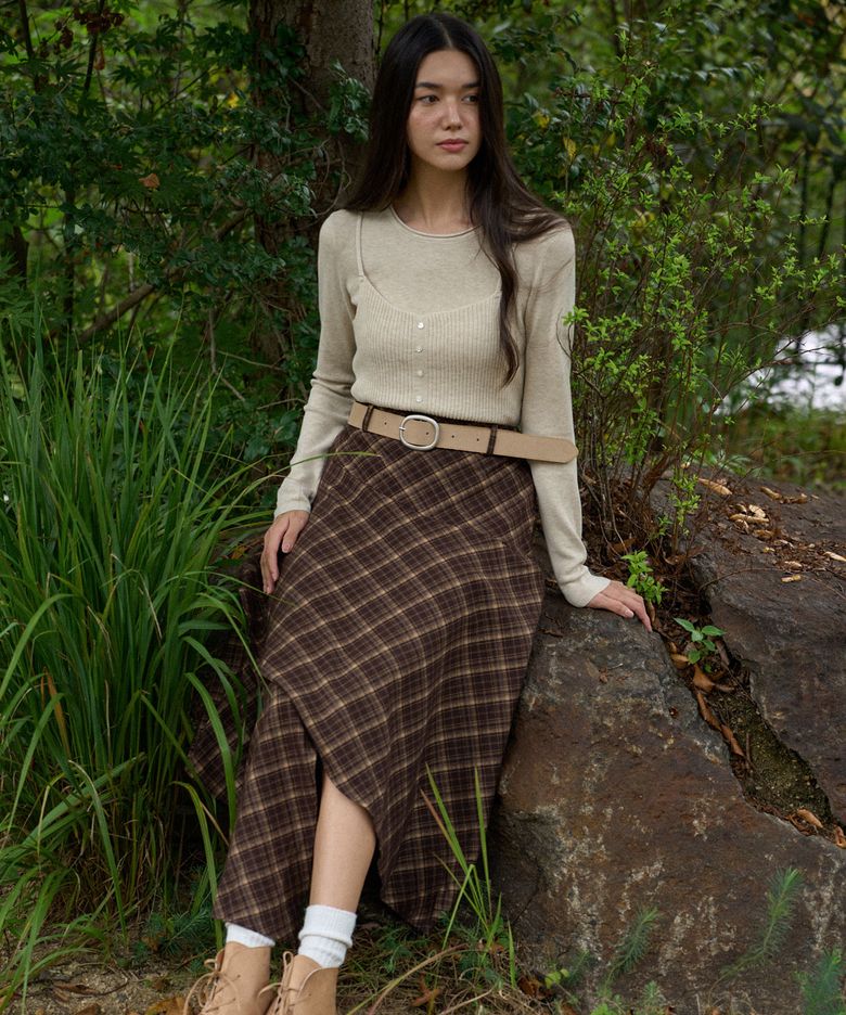GLOW Check Flare Unbalance Skirt (2COLOR)