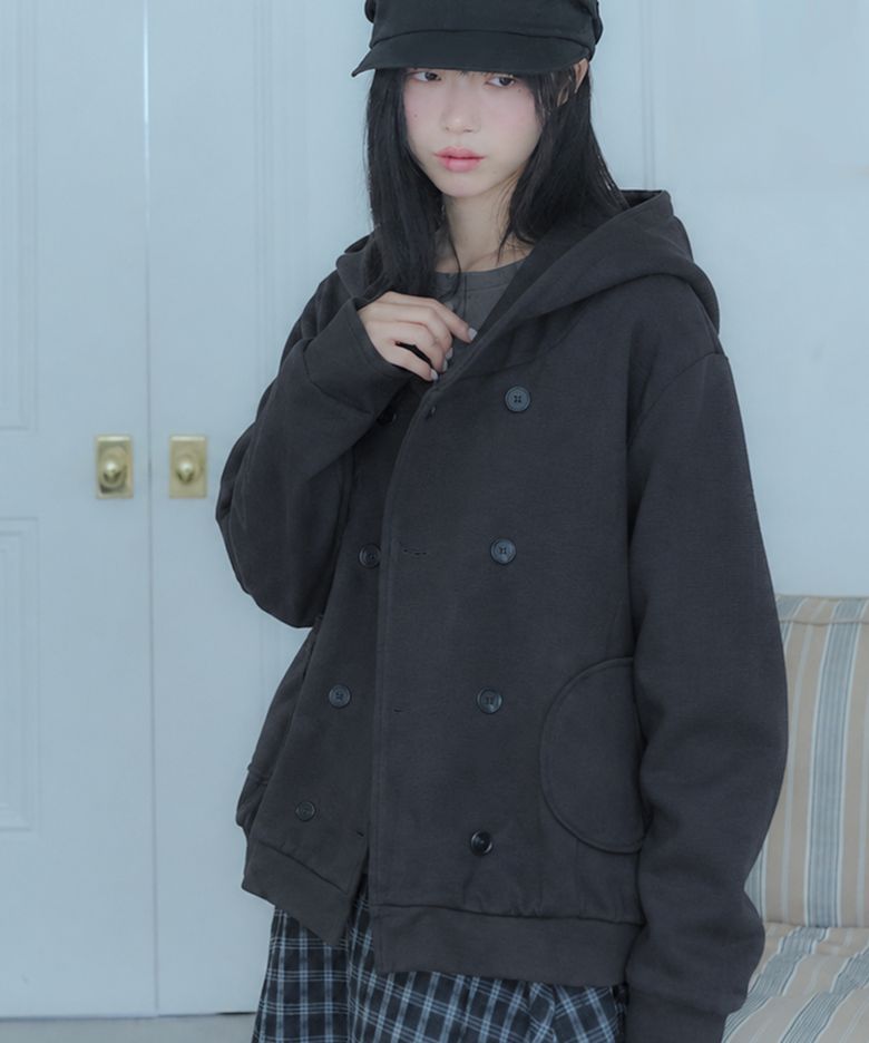 더블 버튼 라운드 포켓 디테일 세미 오버핏 소프트 후드 코트 긴팔 자켓  [챠콜]