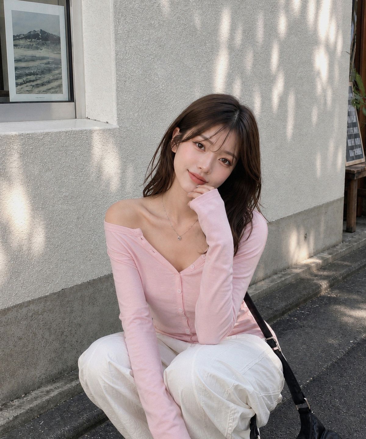 무아무아(MUAHMUAH) 오프숄더 헨리 긴팔 티셔츠 [베이비핑크]