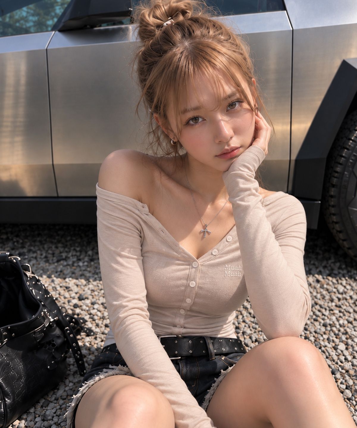 무아무아(MUAHMUAH) 오프숄더 헨리 긴팔 티셔츠 [베이지]