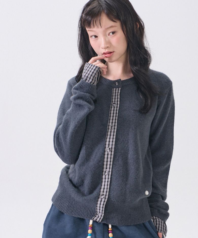 컬러 체크 배색 레이어드 소프트 라운드넥 슬림핏 롱슬리브 가디건 자켓 _3COLOR