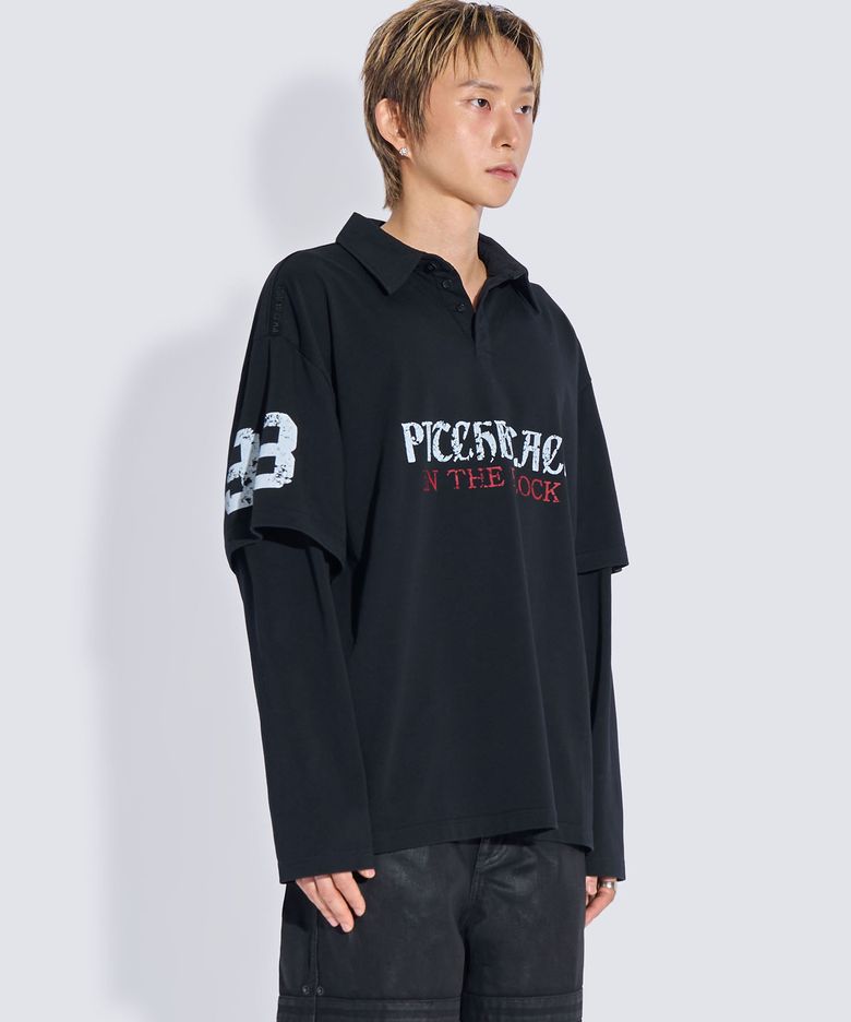 VINTAGE PRINT LAYERED RUGBY COLLAR LONG SLEEVE T-SHIRT (BLACK)