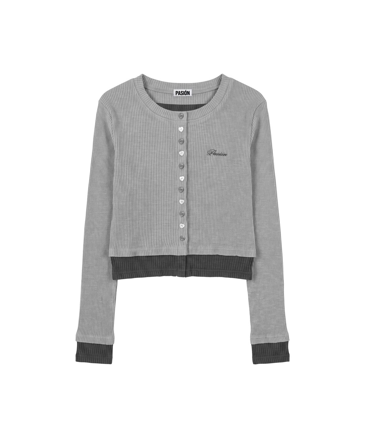 파시온(PASION) 하트 스위치 배색 가디건_그레이 Heart Switch Two-Tone Cardigan_Gray