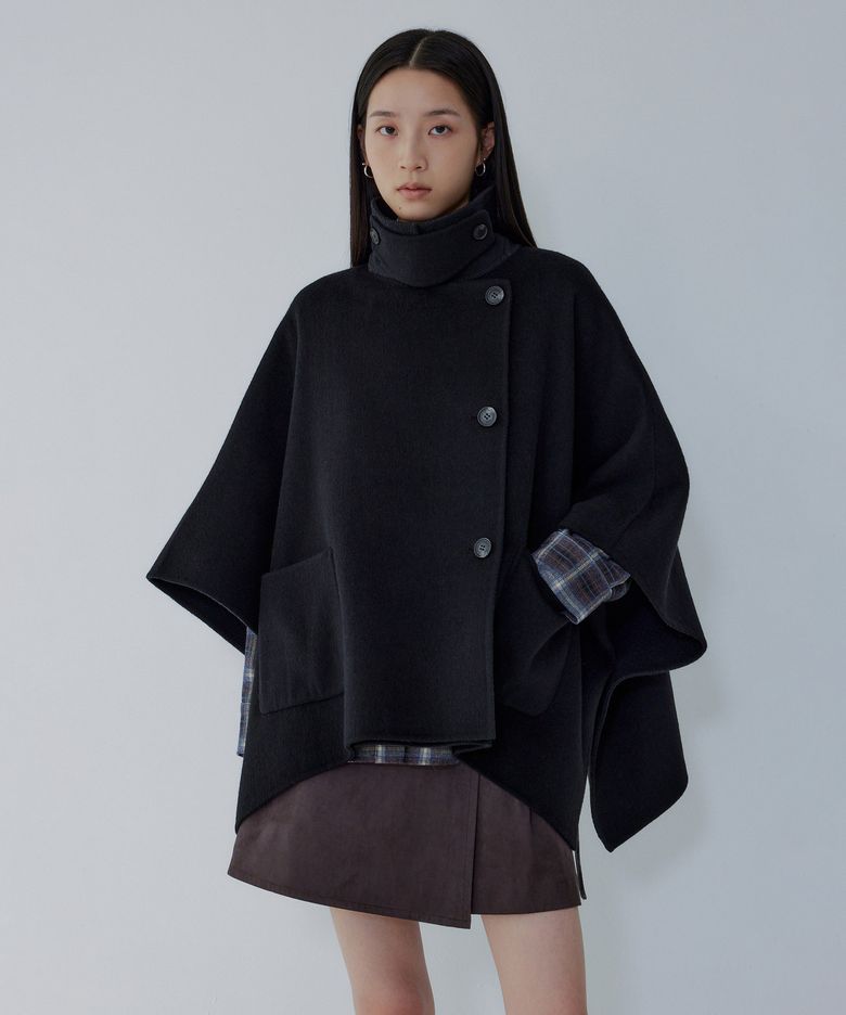 울 블렌드 판초 하프 코트_블랙 7156416001