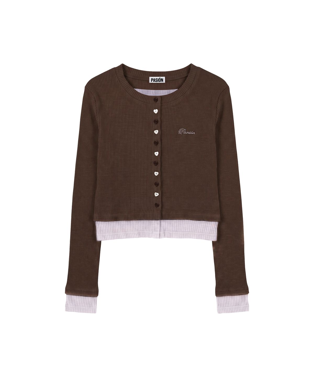 파시온(PASION) 하트 스위치 배색 가디건_브라운 Heart Switch Two-Tone Cardigan_ Brown