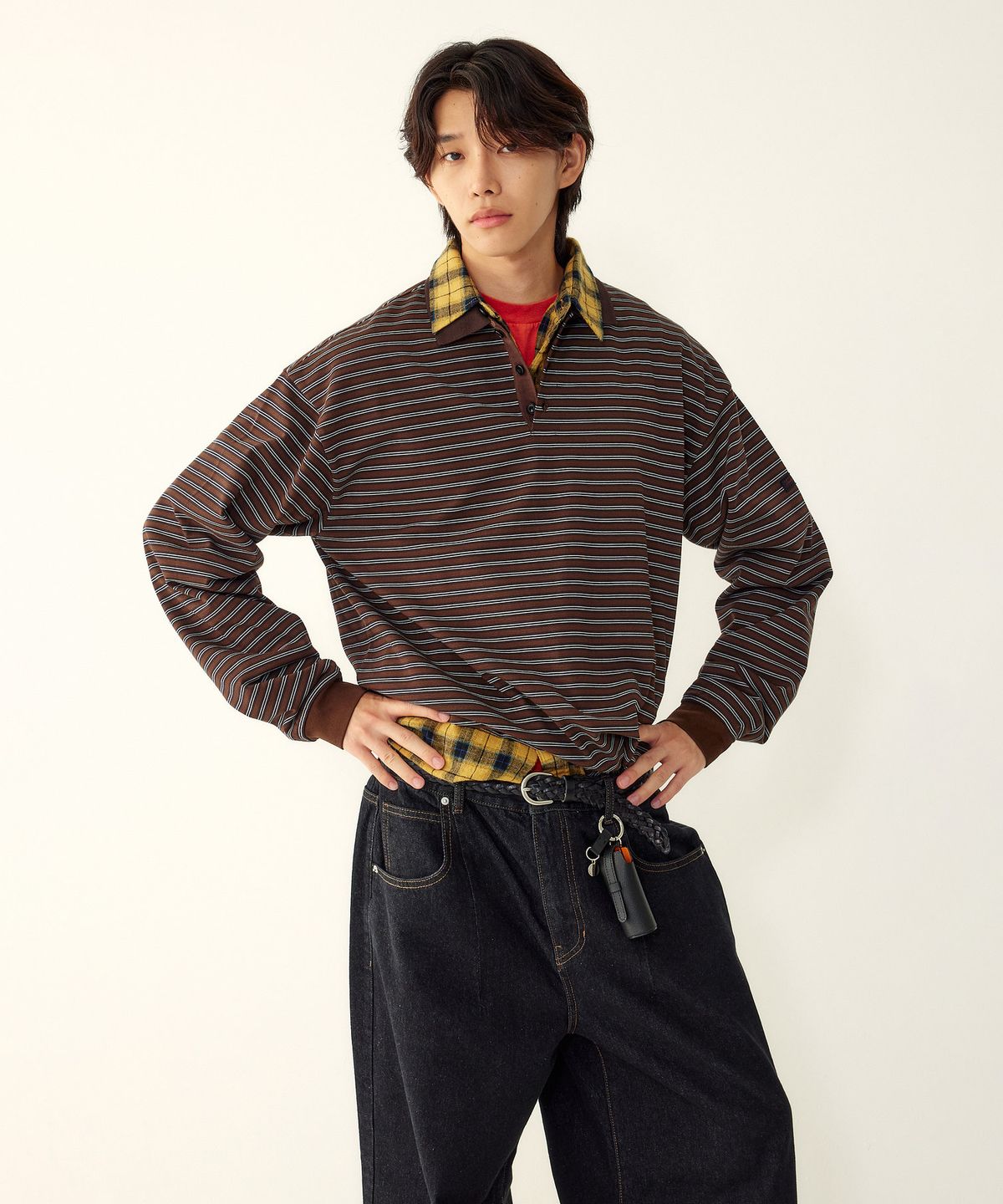 스튜디오 톰보이(STUDIO TOMBOY) [MEN] 소매 립 긴팔 스트라이프 카라 티셔츠 _브라운 9156322833