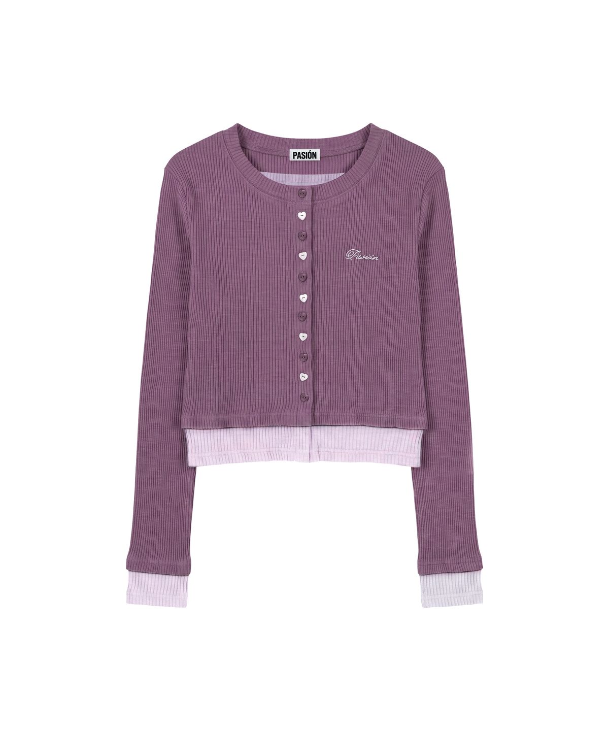파시온(PASION) 하트 스위치 배색 가디건_퍼플 Heart Switch Two-Tone Cardigan_ Purple