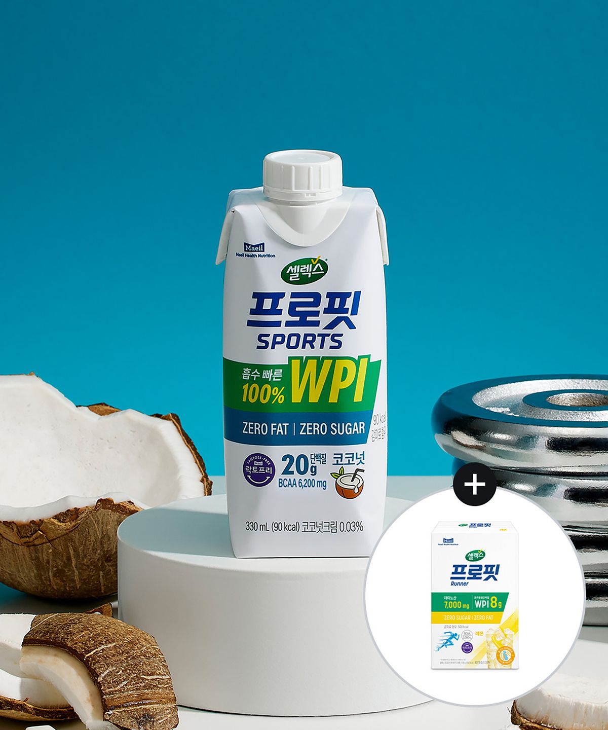 셀렉스(SELEX) [12개+러너 스틱 10개] 프로핏 스포츠 WPI 드링크 코코넛 330ml+프로핏 레몬 1박스(15G*10개)