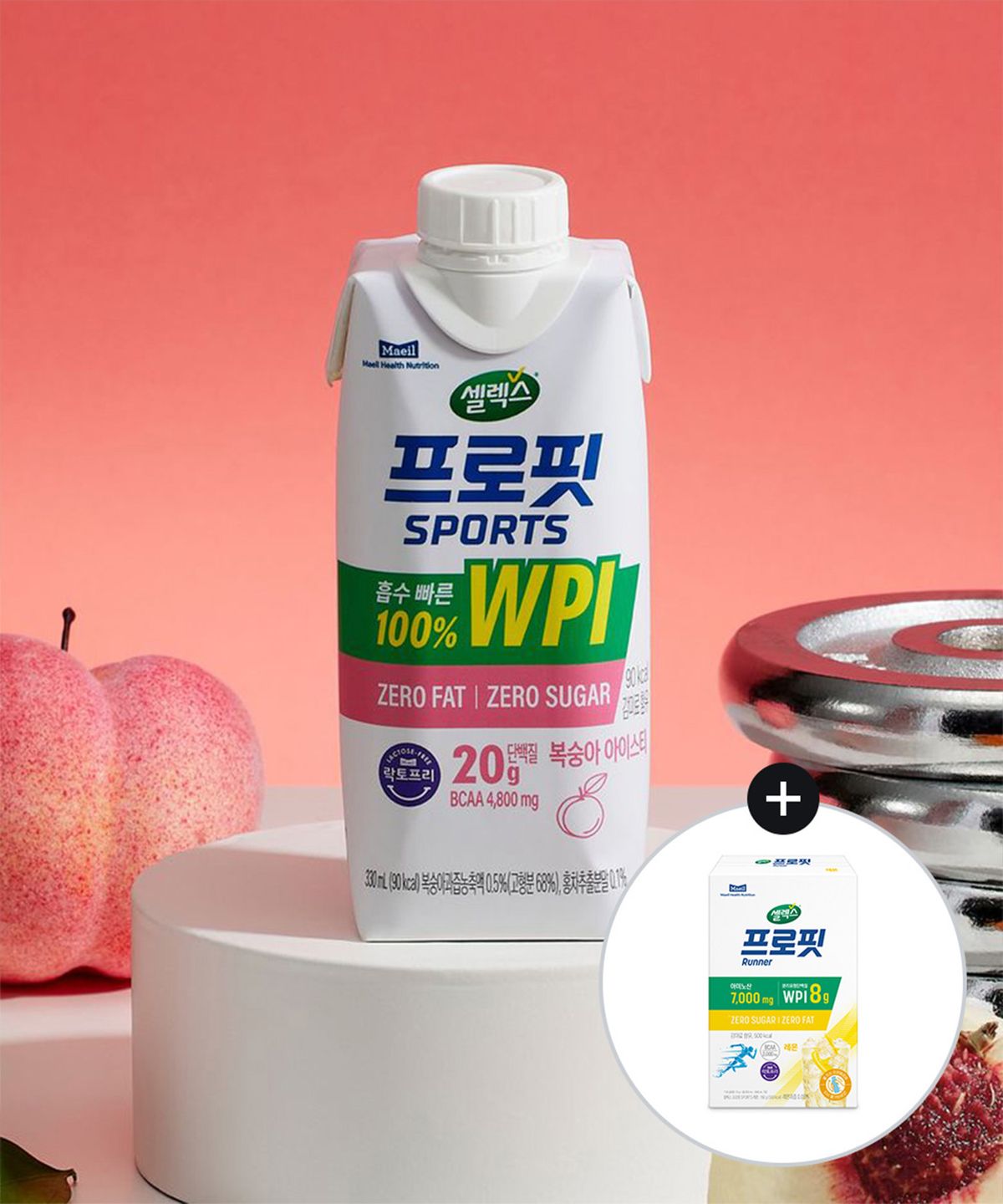 셀렉스(SELEX) [12개+러너 스틱 10개] 프로핏 스포츠 WPI 드링크 복숭아 330ml+프로핏 레몬 1박스(15G*10개)