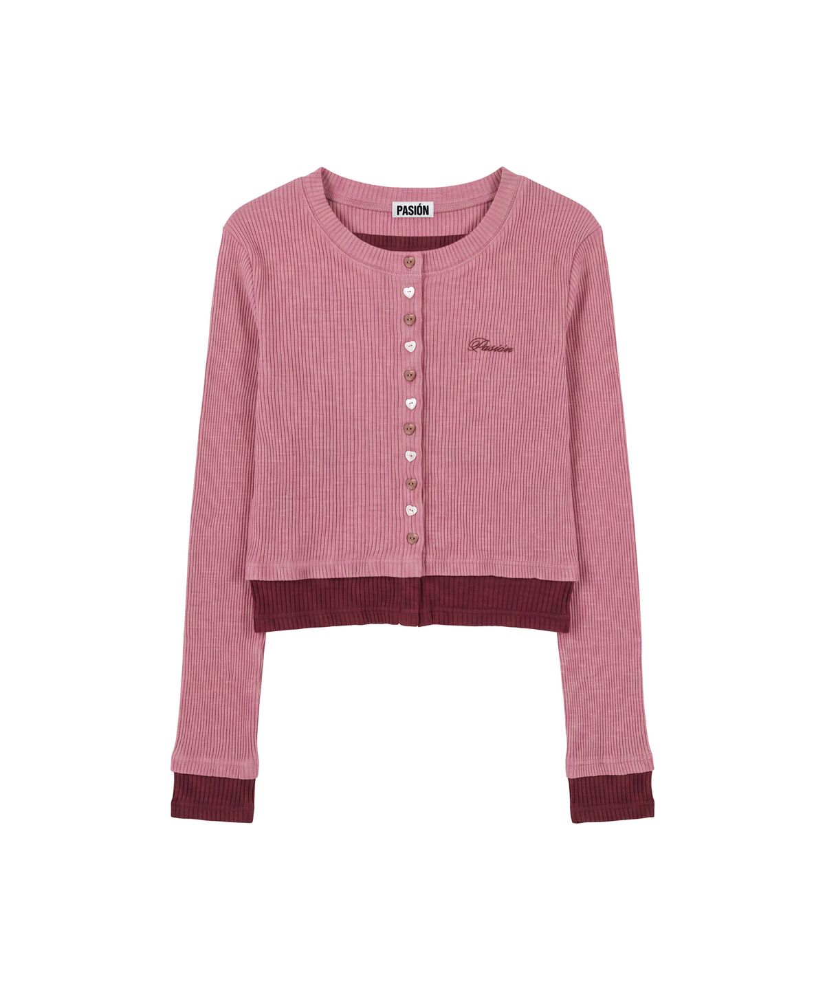 파시온(PASION) 하트 스위치 배색 가디건_핑크 Heart Switch Two-Tone Cardigan_ Pink