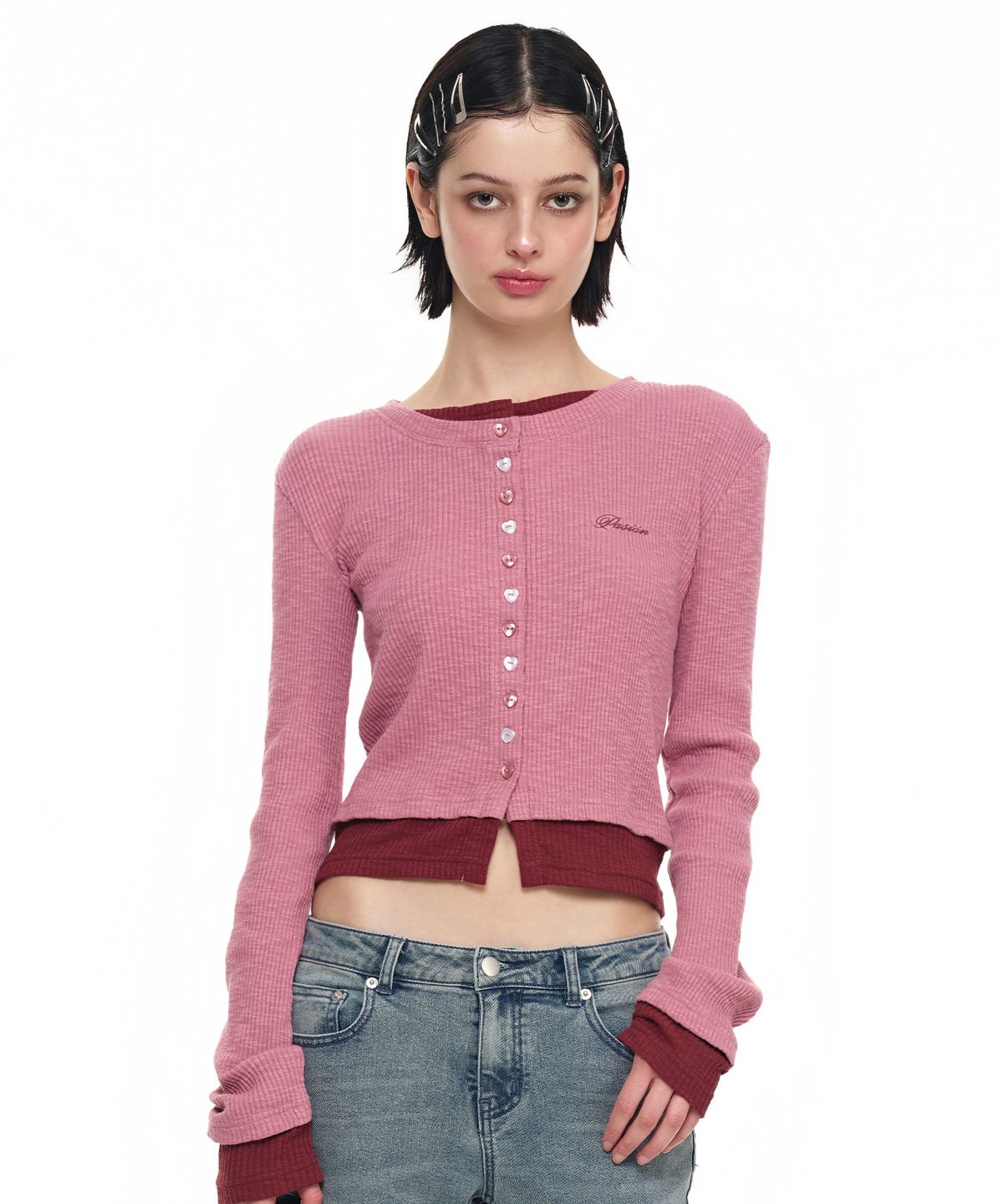 파시온(PASION) 하트 스위치 배색 가디건_핑크 Heart Switch Two-Tone Cardigan_ Pink