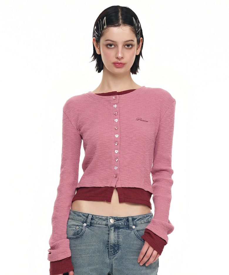 하트 스위치 배색 가디건_핑크 Heart Switch Two-Tone Cardigan_ Pink